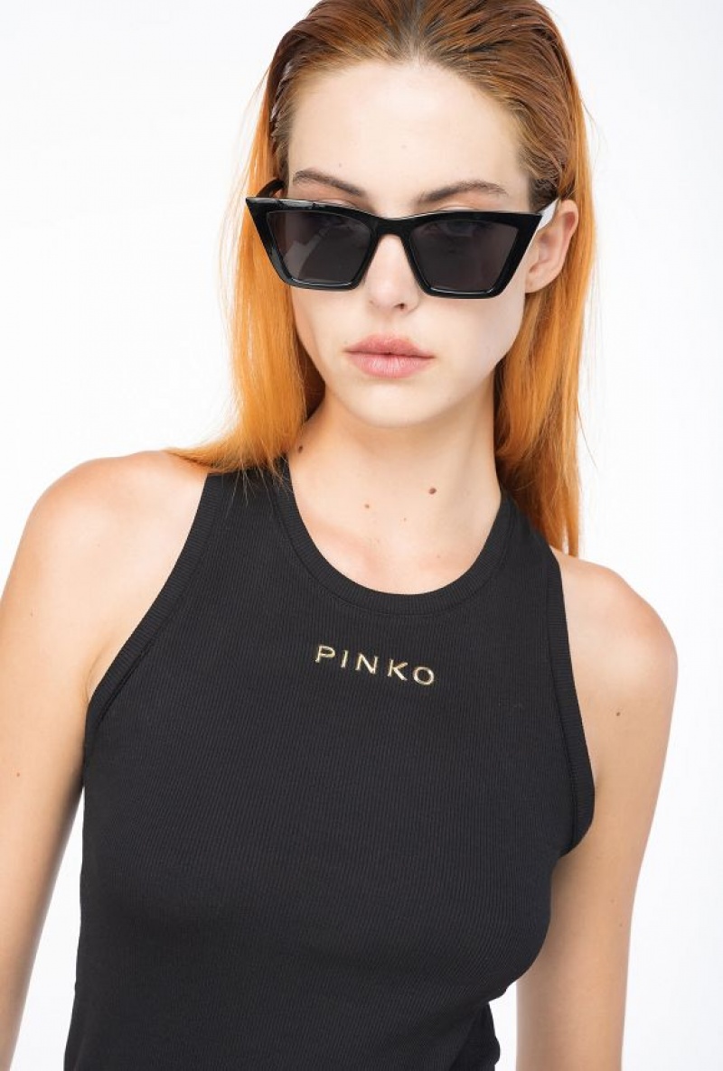 Pinko Ribbed Top With Logo LIMO BLACK | SN-PKO33282