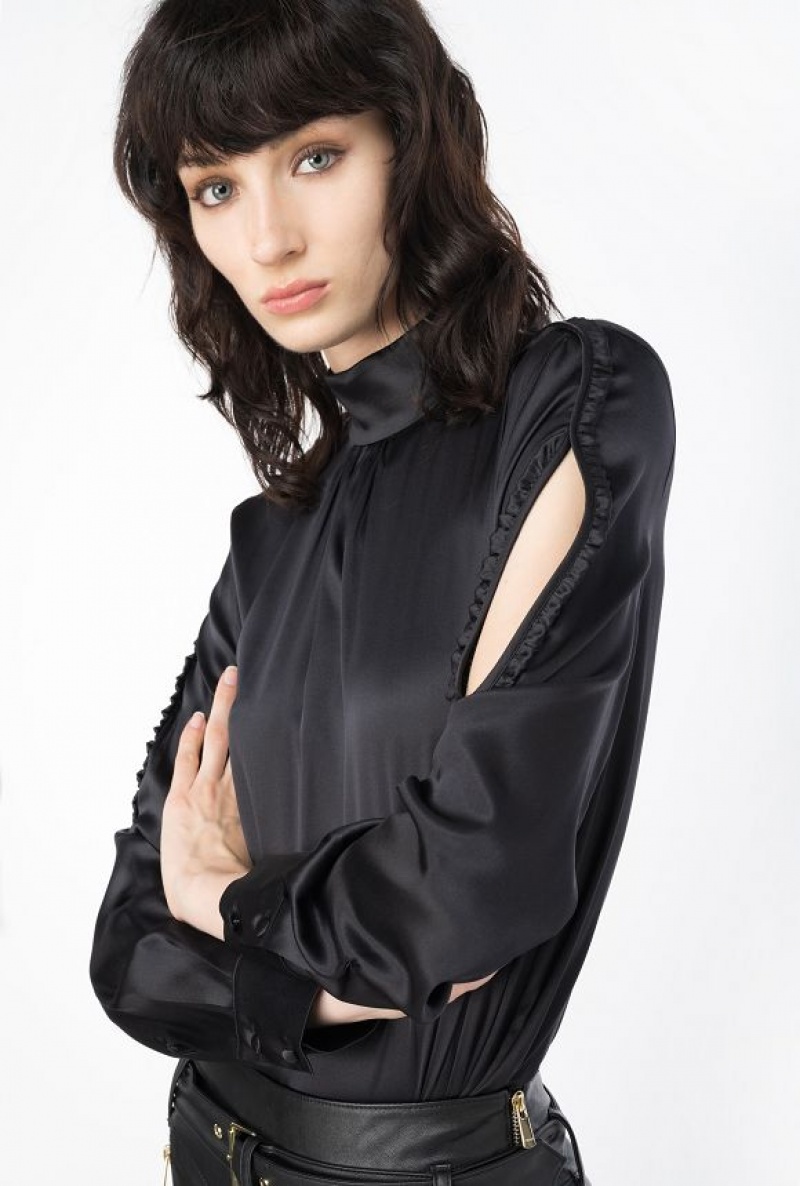 Pinko Satin Blouse With Mini Ruches LIMO BLACK | SN-PKO33206