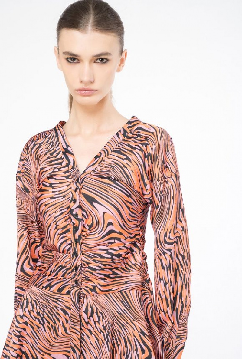 Pinko Satin Mini Dress With Distorted Print BLACK/PINK/ORANGE | SN-PKO32978