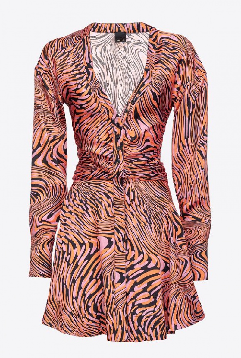 Pinko Satin Mini Dress With Distorted Print BLACK/PINK/ORANGE | SN-PKO32978