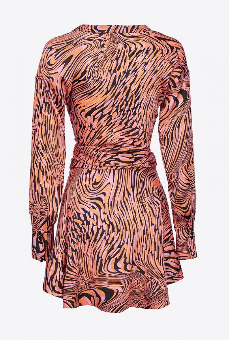 Pinko Satin Mini Dress With Distorted Print BLACK/PINK/ORANGE | SN-PKO32978