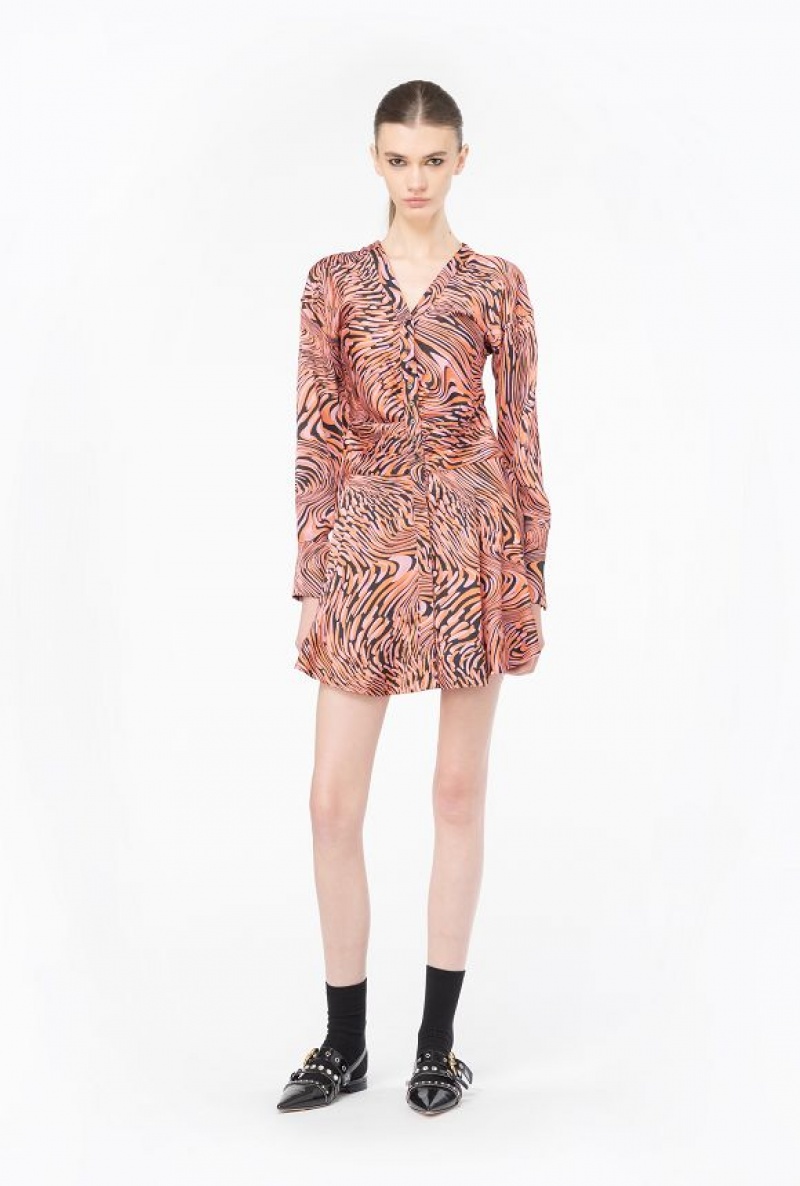 Pinko Satin Mini Dress With Distorted Print BLACK/PINK/ORANGE | SN-PKO32978