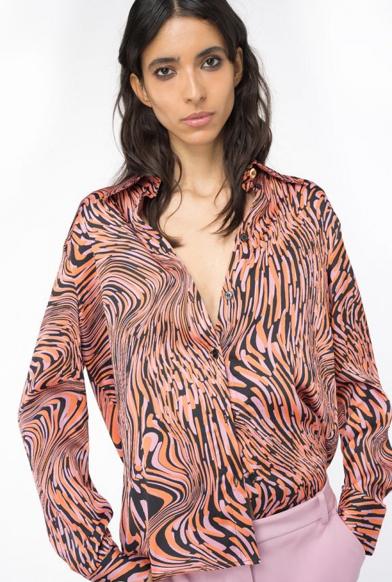 Pinko Satin Shirt With Distorted Print BLACK/PINK/ORANGE | SN-PKO33137