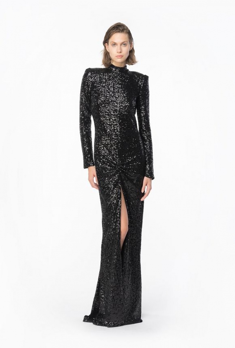 Pinko Sequinned Maxi Dress With Open Back LIMO BLACK | SN-PKO33093