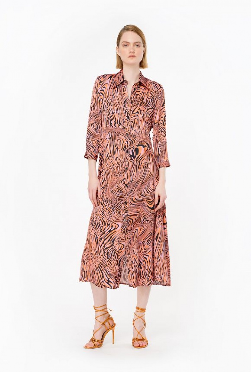 Pinko Shirt Dress With Distorted Print BLACK/PINK/ORANGE | SN-PKO32977