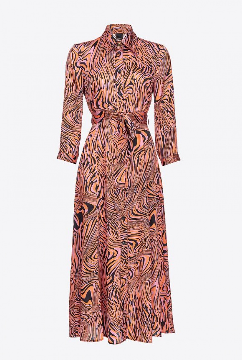 Pinko Shirt Dress With Distorted Print BLACK/PINK/ORANGE | SN-PKO32977