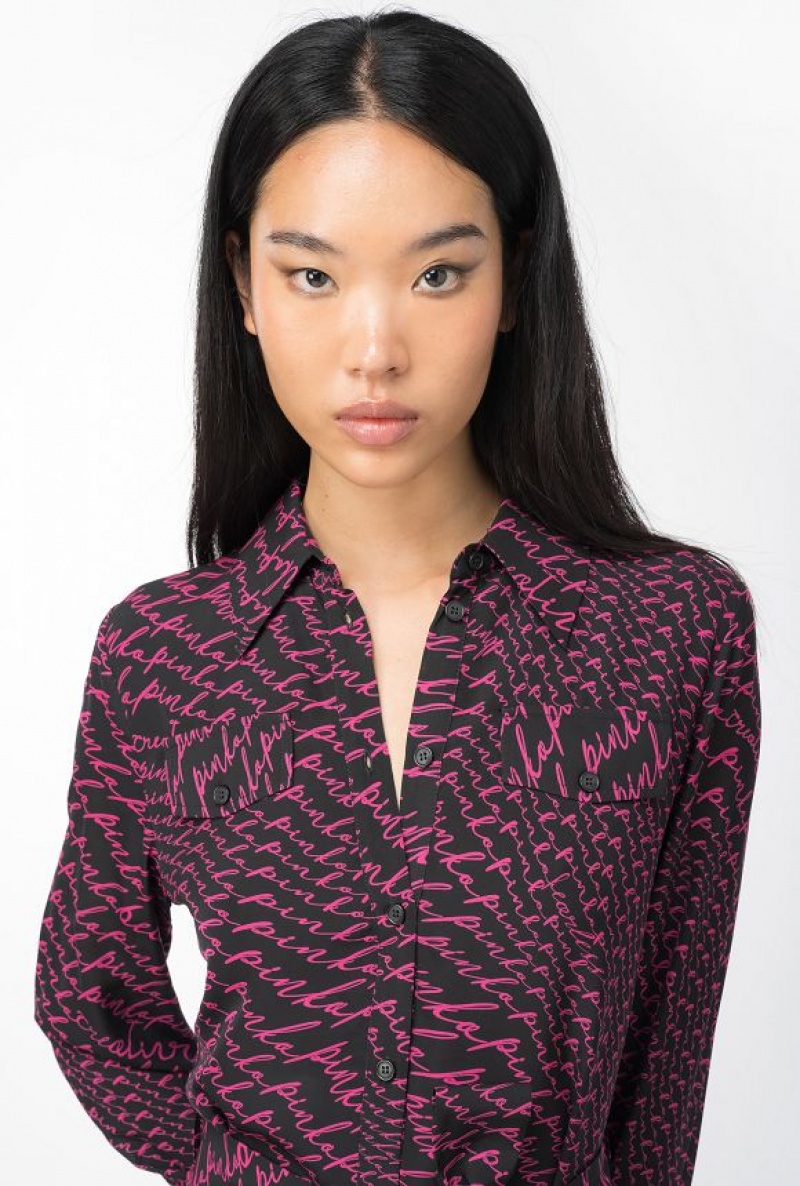 Pinko Shirt Dress With Fluid Logo Print BLACK/FUCHSIA | SN-PKO33015