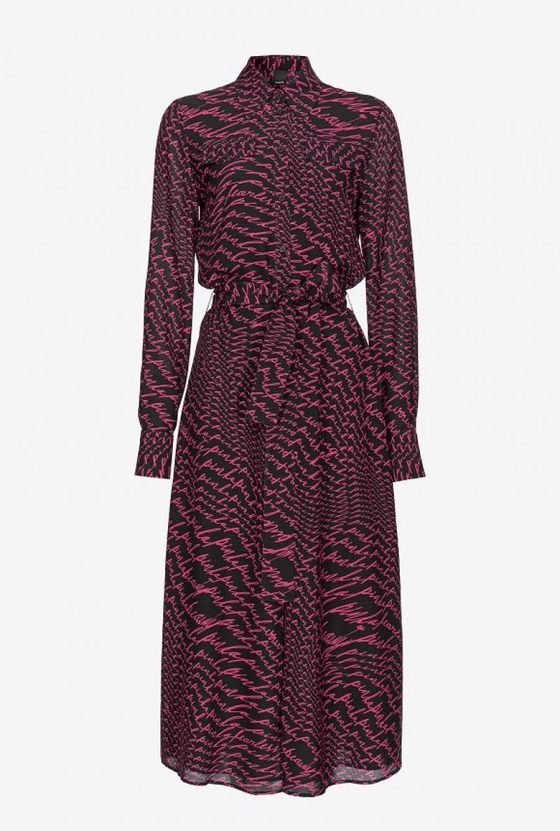 Pinko Shirt Dress With Fluid Logo Print BLACK/FUCHSIA | SN-PKO33015