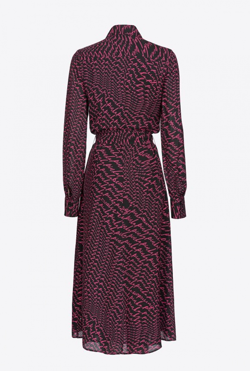 Pinko Shirt Dress With Fluid Logo Print BLACK/FUCHSIA | SN-PKO33015