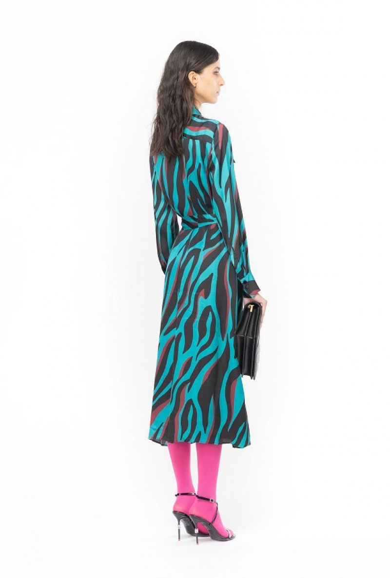 Pinko Shirt Dress With Psychedelic Zebra Print GREEN/BLACK/BURGUNDY | SN-PKO33066