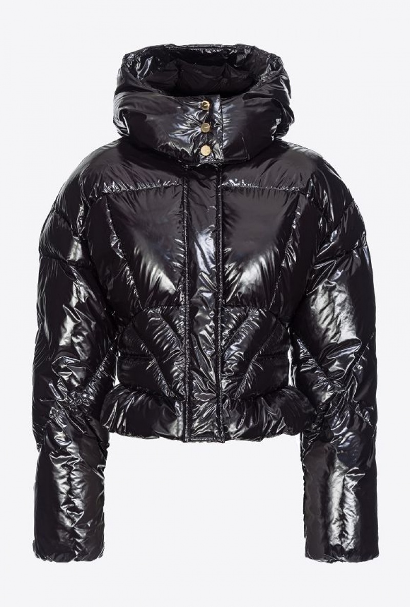 Pinko Short Crystal Nylon Down Jacket LIMO BLACK | SN-PKO33644