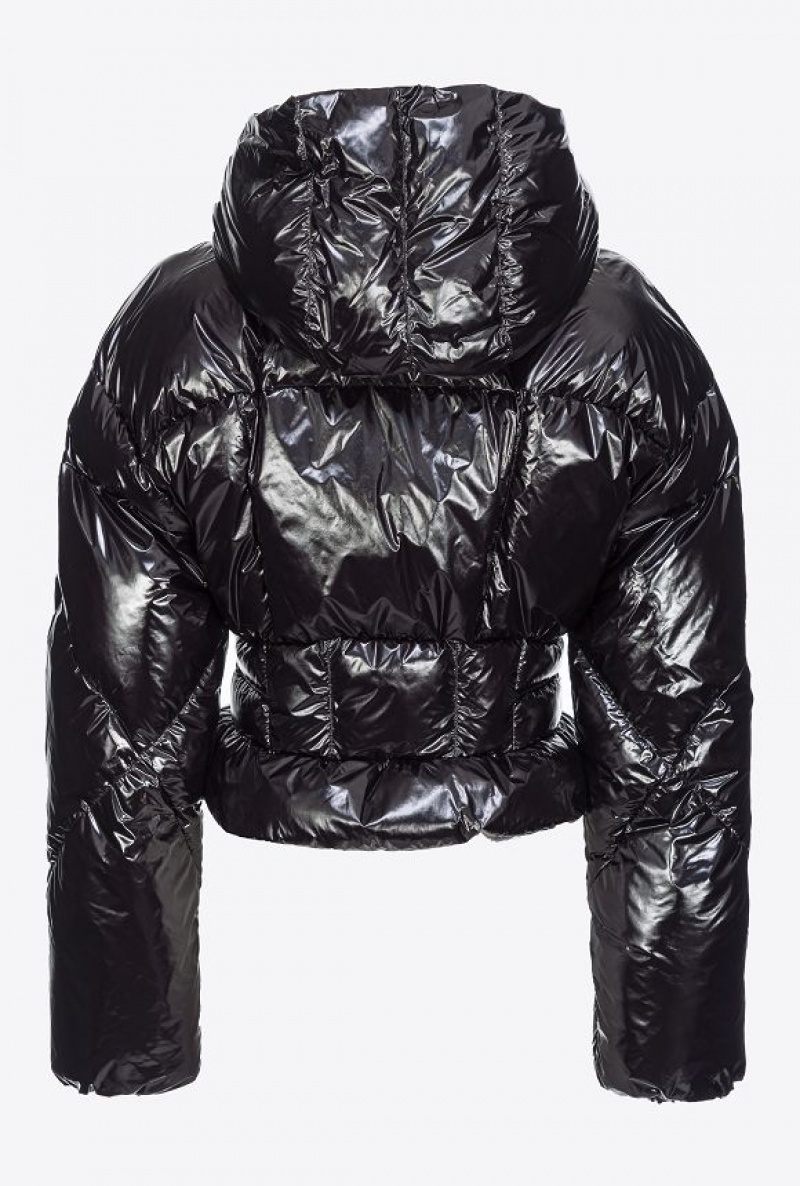 Pinko Short Crystal Nylon Down Jacket LIMO BLACK | SN-PKO33644