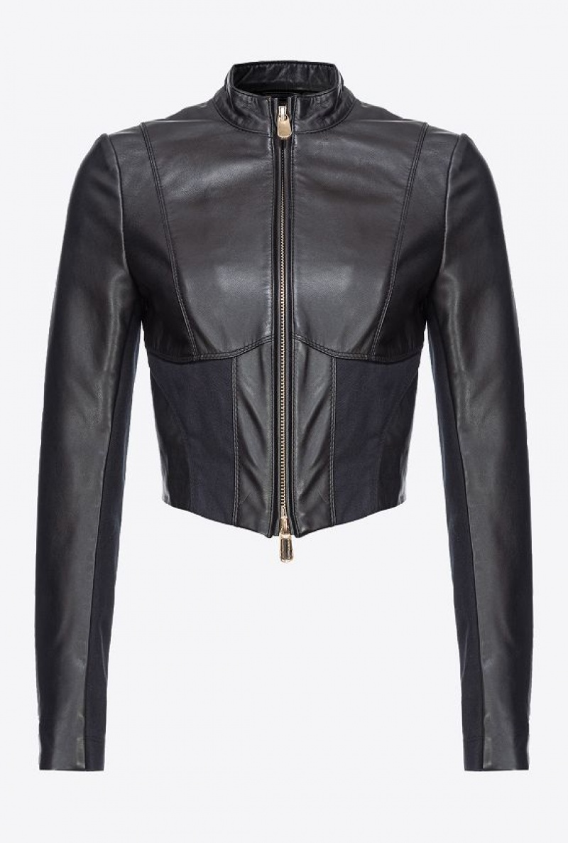 Pinko Short Leather And Fabric Biker Jacket LIMO BLACK | SN-PKO33575