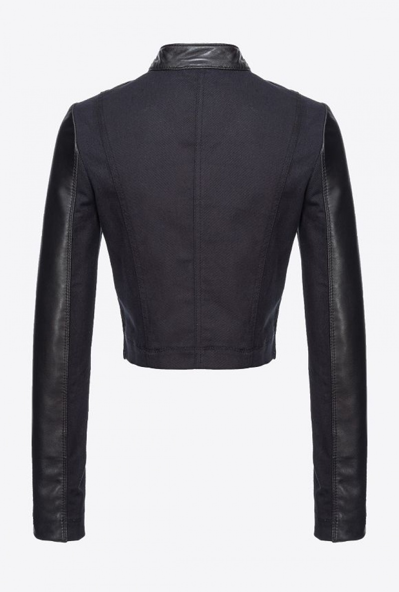 Pinko Short Leather And Fabric Biker Jacket LIMO BLACK | SN-PKO33575