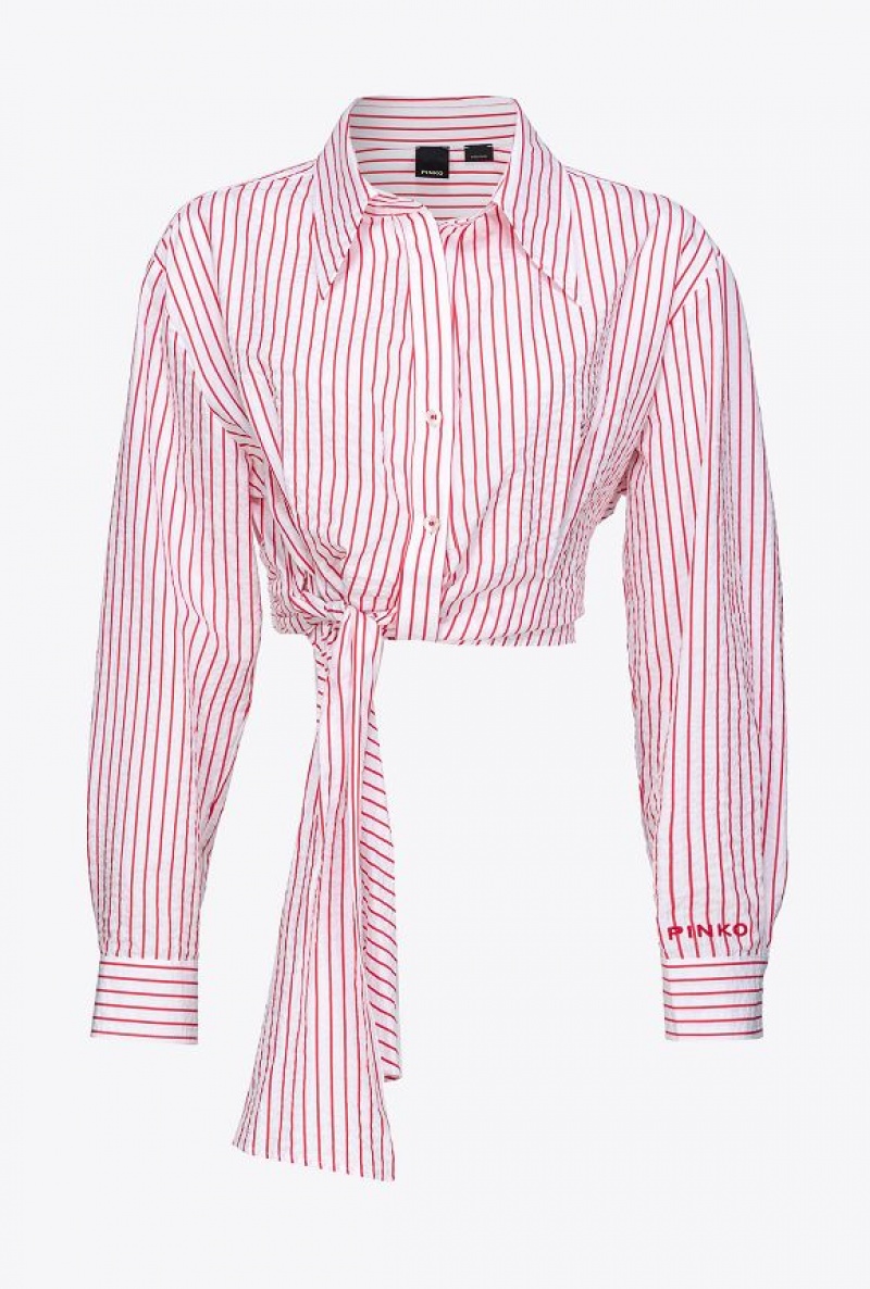 Pinko Short Striped Seersucker Shirt WHITE/RED | SN-PKO33142