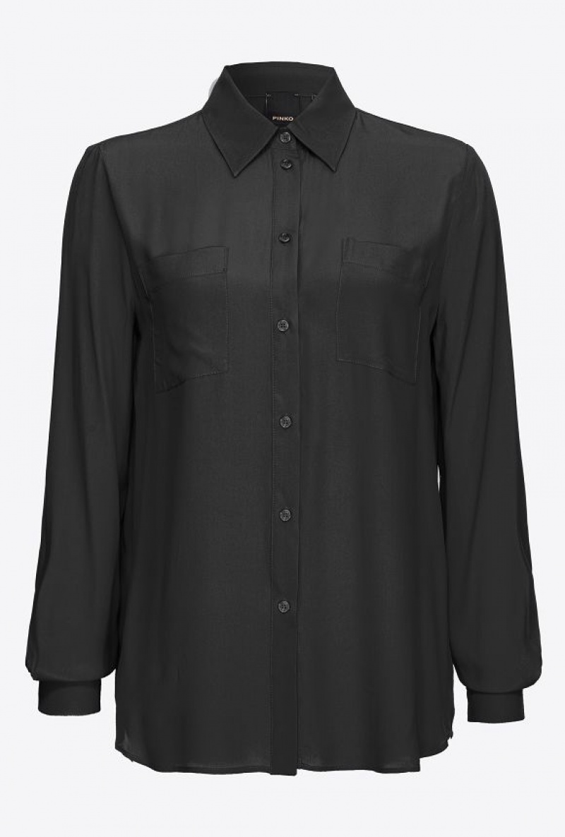 Pinko Silk-blend Shirt With Breast Pocket LIMO BLACK | SN-PKO33130