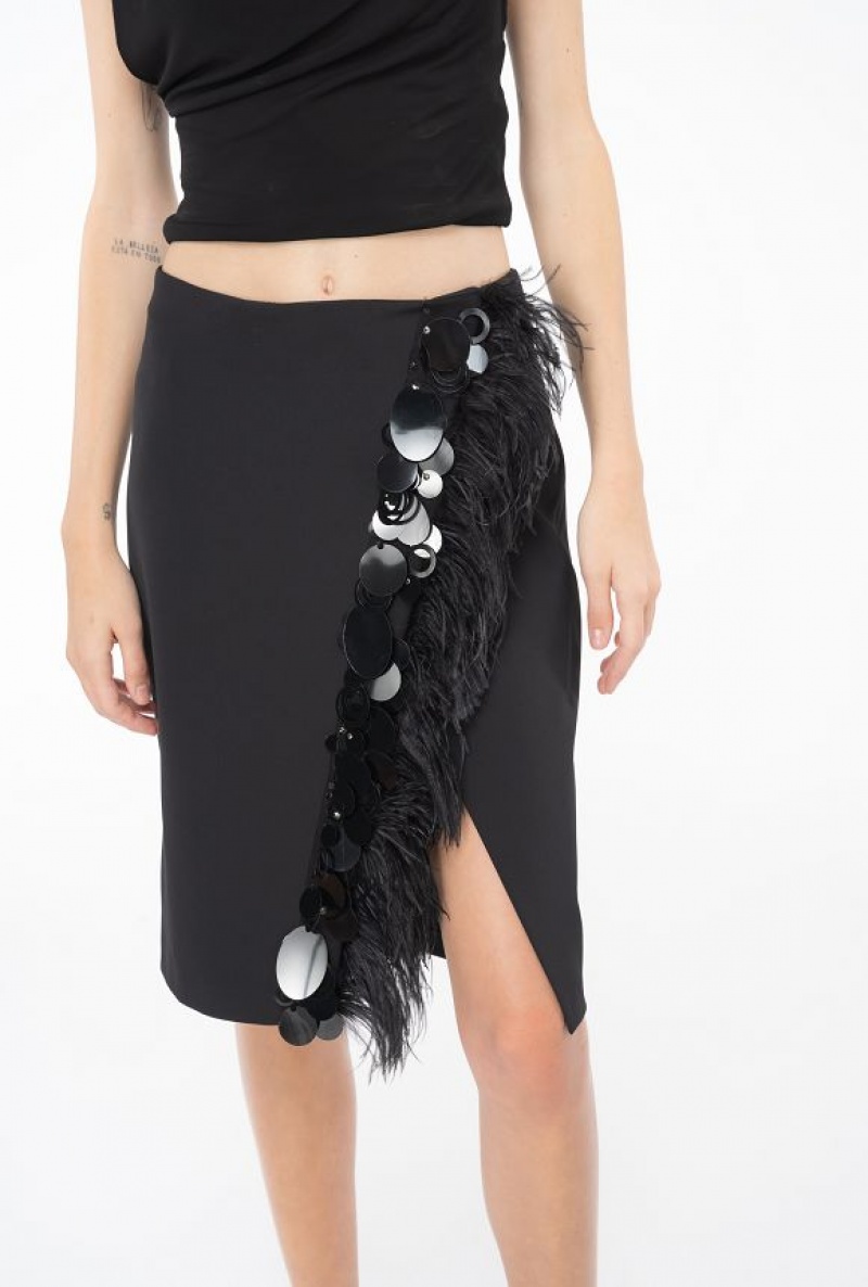 Pinko Skirt With Feathers And Sequins LIMO BLACK | SN-PKO34041