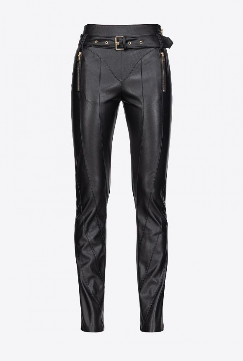 Pinko Slim-fit Leather-effect Trousers LIMO BLACK | SN-PKO33761