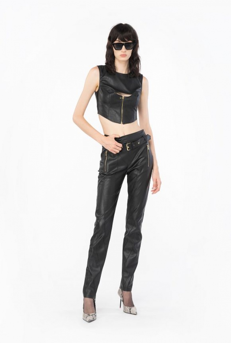 Pinko Slim-fit Leather-effect Trousers LIMO BLACK | SN-PKO33761