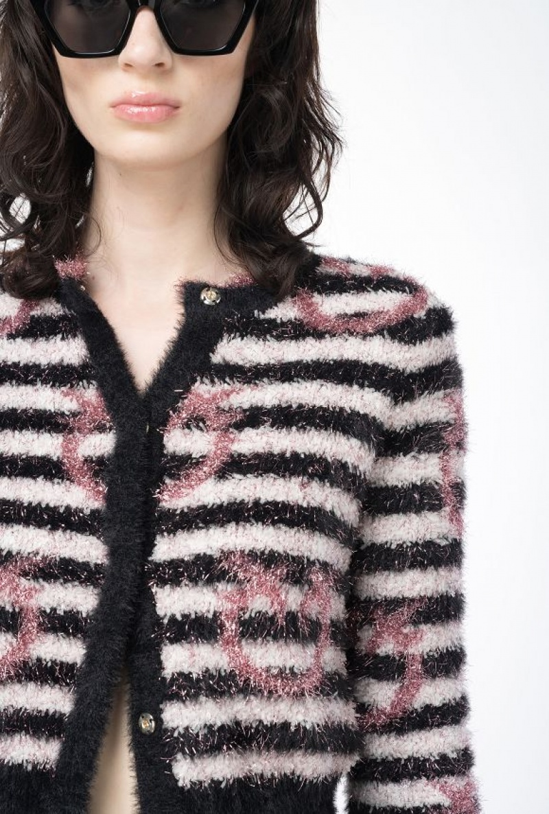 Pinko Slim-fitting Fringed Lurex Cardigan WHITE/BLACK/PINK | SN-PKO33856