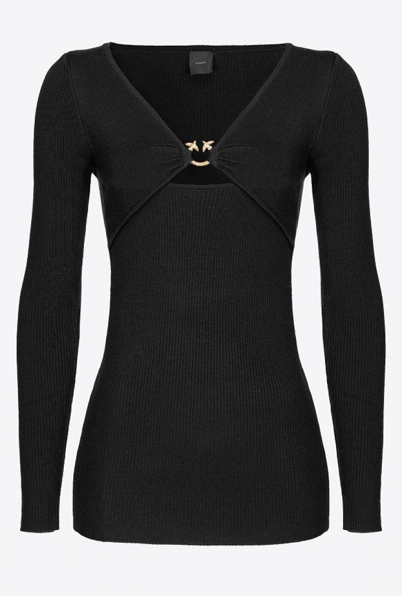 Pinko Slim-fitting Sweater With Love Birds Buckle LIMO BLACK | SN-PKO33875