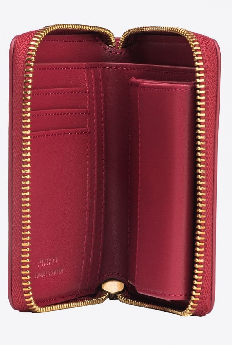 Pinko Square Leather Zip-around Purse DARK RED-ANTIQUE GOLD | SN-PKO34337