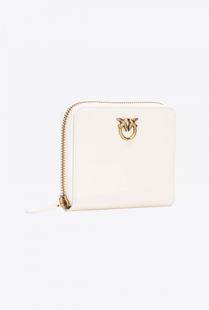 Pinko Square Leather Zip-around Purse WHITE+WHITE-ANTIQUE GOLD | SN-PKO34275