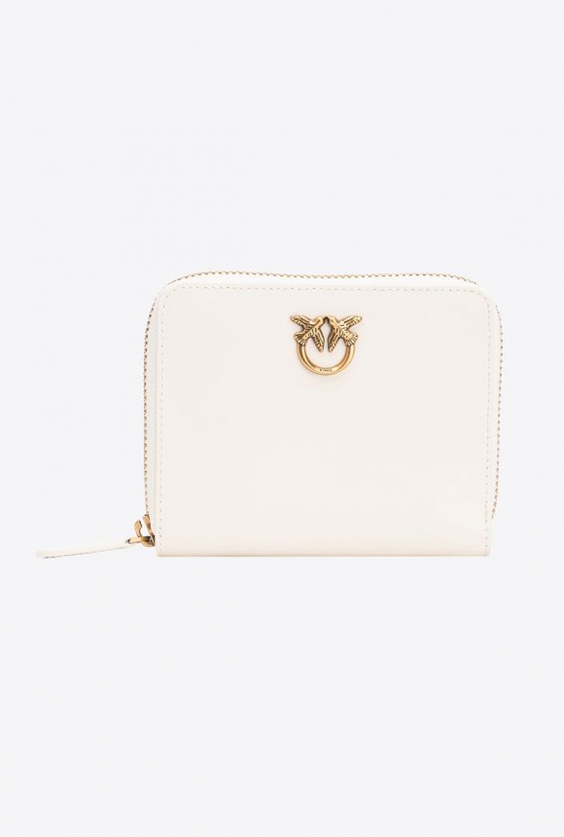 Pinko Square Leather Zip-around Purse WHITE+WHITE-ANTIQUE GOLD | SN-PKO34275