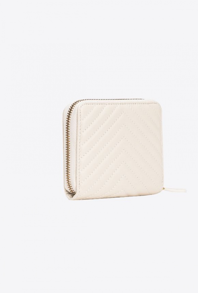 Pinko Square Zip-around Wallet In Chevron-patterned Nappa Leather WHITE+WHITE-ANTIQUE GOLD | SN-PKO34276