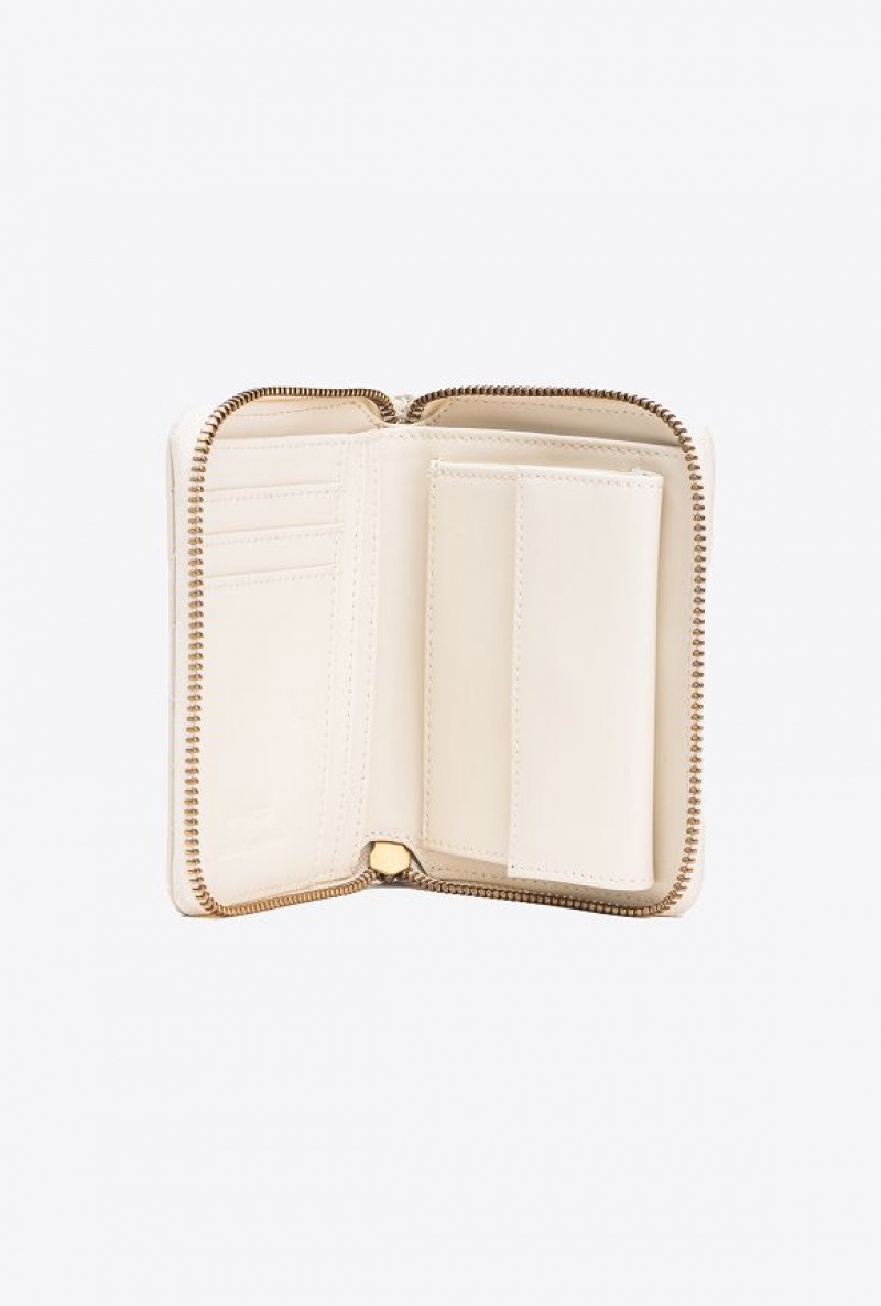 Pinko Square Zip-around Wallet In Chevron-patterned Nappa Leather WHITE+WHITE-ANTIQUE GOLD | SN-PKO34276