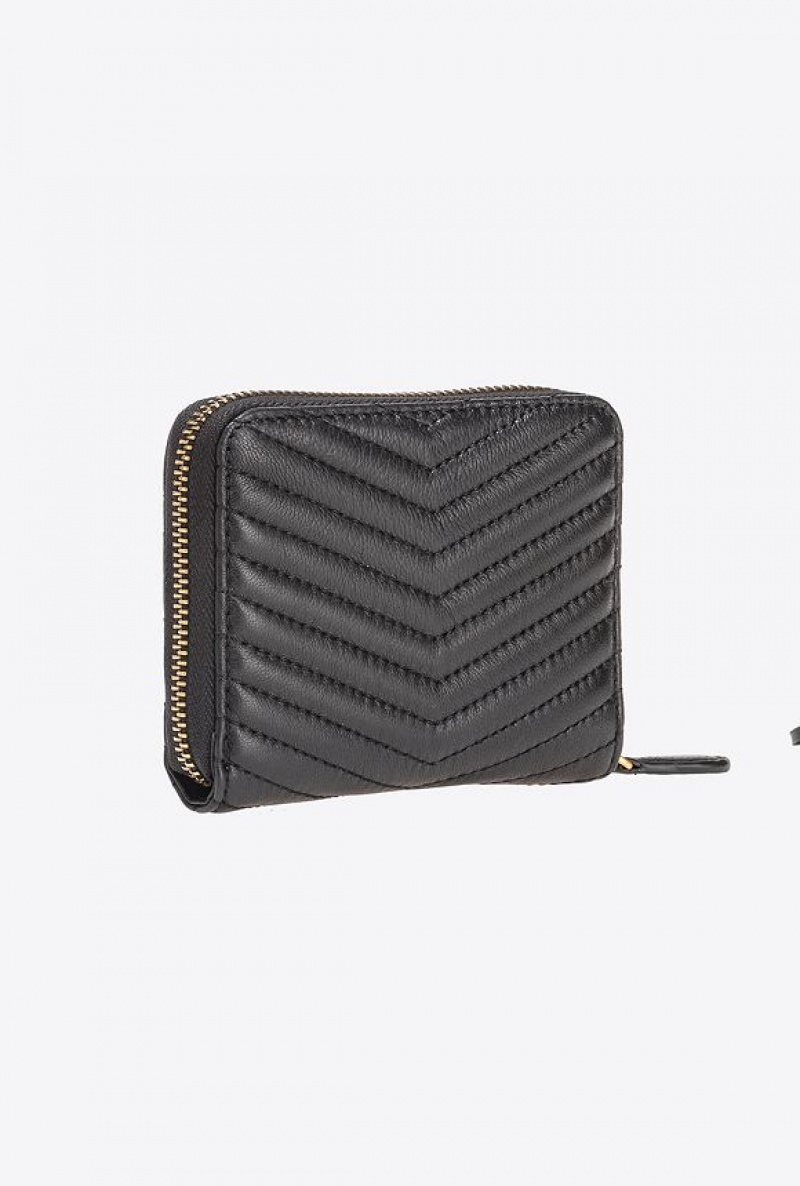 Pinko Square Zip-around Wallet In Chevron-patterned Nappa Leather BLACK-ANTIQUE GOLD | SN-PKO34278