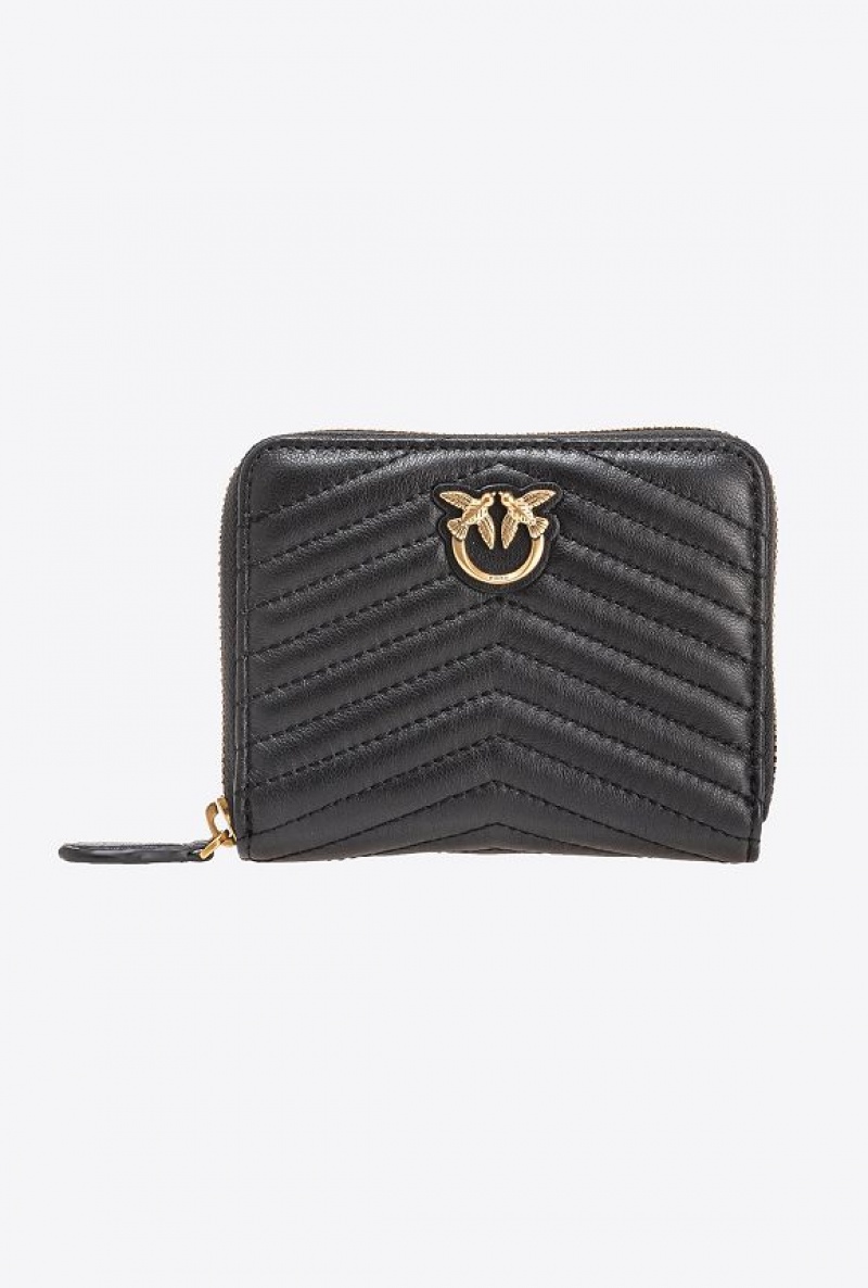 Pinko Square Zip-around Wallet In Chevron-patterned Nappa Leather BLACK-ANTIQUE GOLD | SN-PKO34278