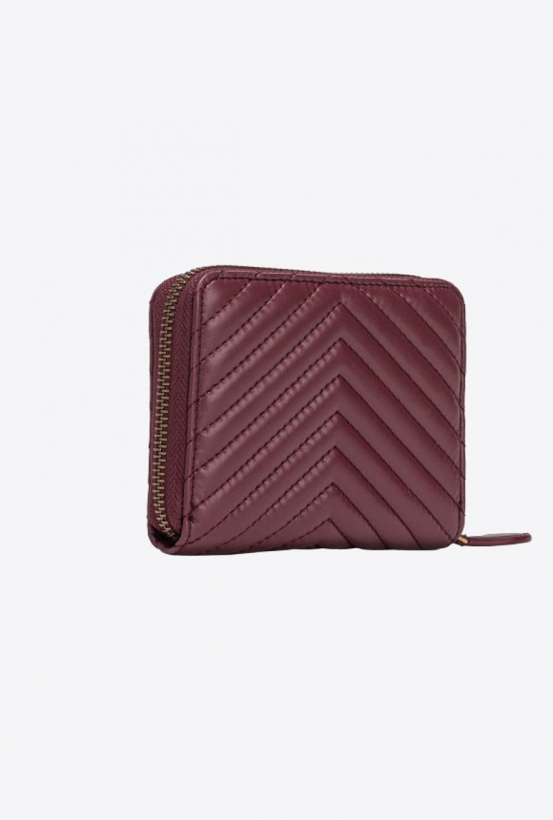 Pinko Square Zip-around Wallet In Chevron-patterned Nappa Leather INTENSE BERRY-ANTIQUE GOLD | SN-PKO34279