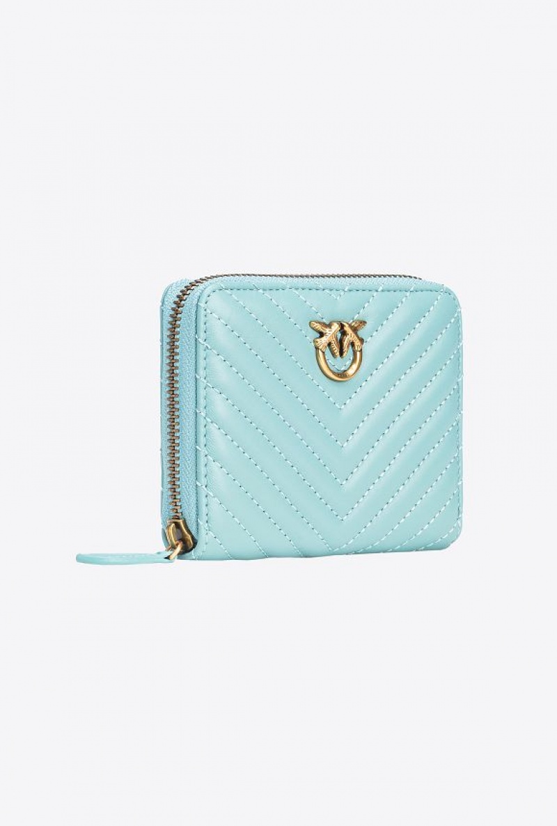 Pinko Square Zip-around Wallet In Chevron-patterned Nappa Leather SEA BLUE-ANTIQUE GOLD | SN-PKO34332