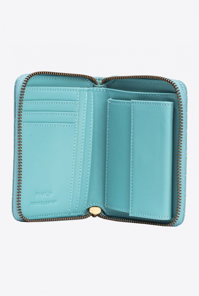 Pinko Square Zip-around Wallet In Chevron-patterned Nappa Leather SEA BLUE-ANTIQUE GOLD | SN-PKO34332