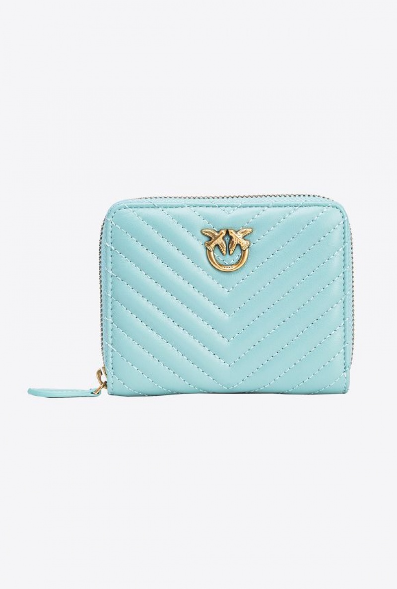 Pinko Square Zip-around Wallet In Chevron-patterned Nappa Leather SEA BLUE-ANTIQUE GOLD | SN-PKO34332