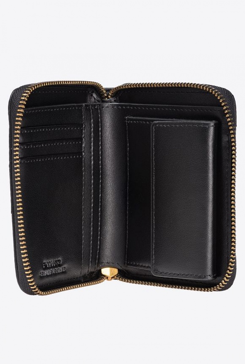 Pinko Square Zip-around Wallet In Chevron-patterned Nappa Leather BLACK-ANTIQUE GOLD | SN-PKO34336