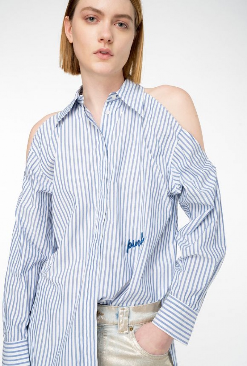 Pinko Striped Shirt With Shoulder Openings WHITE/LIGHT BLUE | SN-PKO33138