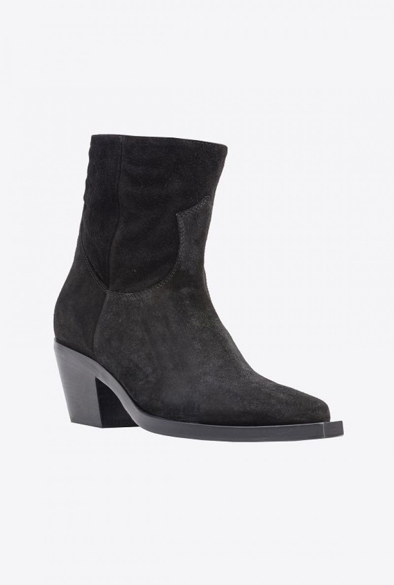 Pinko Suede Cowboy Ankle Boots LIMO BLACK | SN-PKO34146