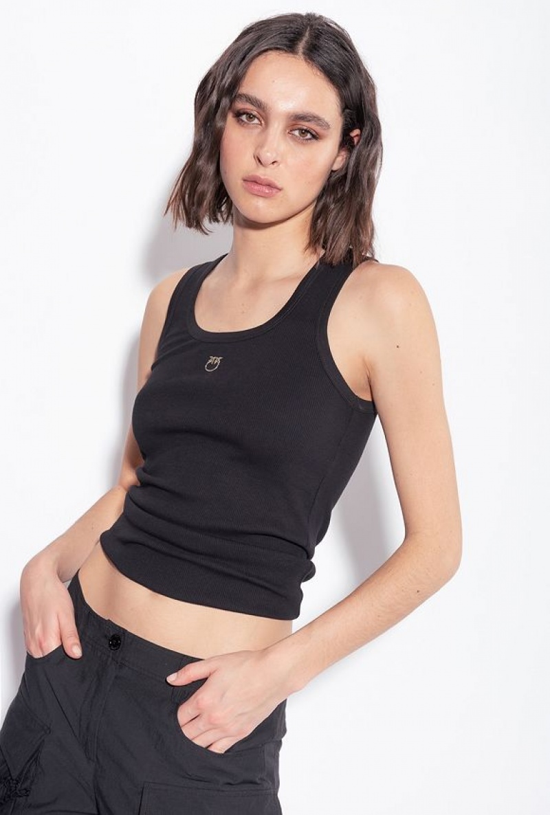 Pinko Tank Top With Love Bird Embroidery LIMO BLACK | SN-PKO33272