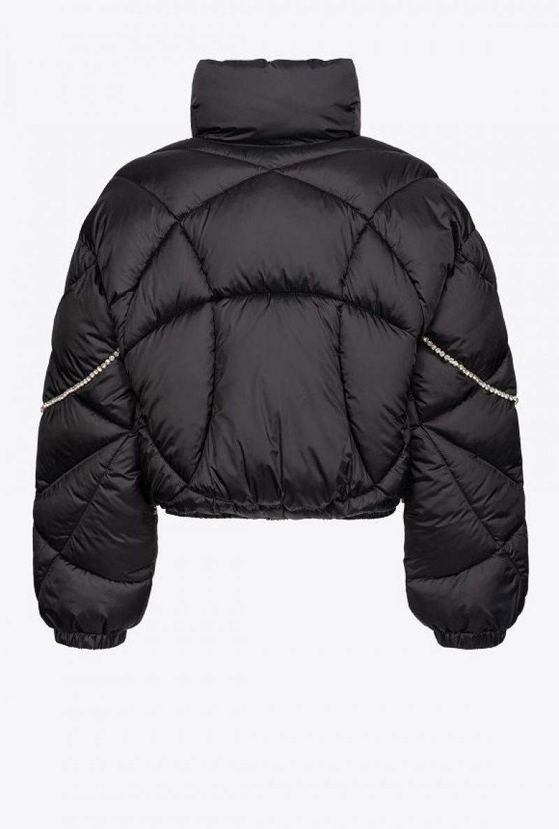 Pinko Technical Satin Down Jacket With Crystals LIMO BLACK | SN-PKO33637