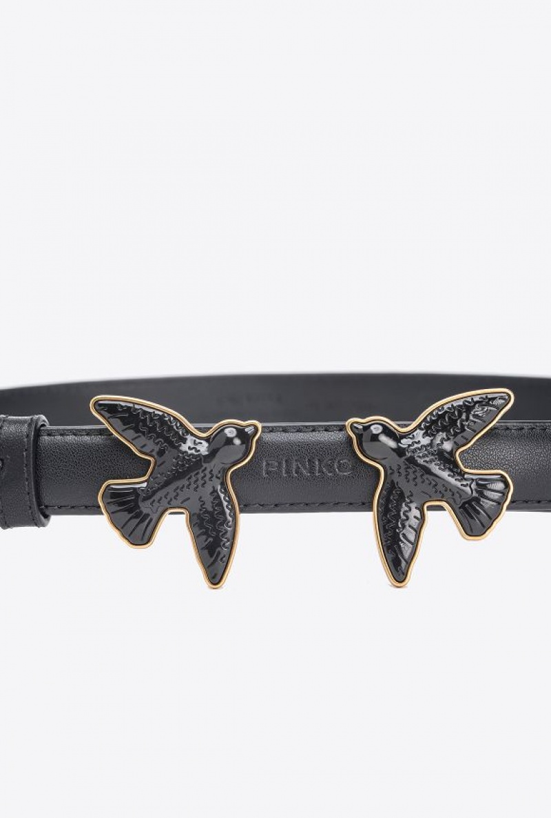 Pinko Thin Belt With Coated Love Birds 2cm LIMO BLACK BLOCK COLOUR | SN-PKO34214