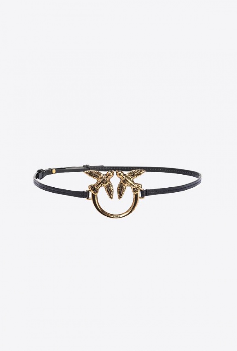 Pinko Thin Belt With Large Love Birds Buckle BLACK-ANTIQUE GOLD | SN-PKO34220