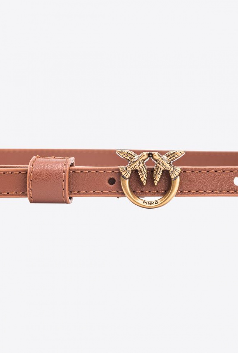 Pinko Thin Belt With Love Birds Buckle 1cm TAN ANTIQUE GOLD | SN-PKO34242