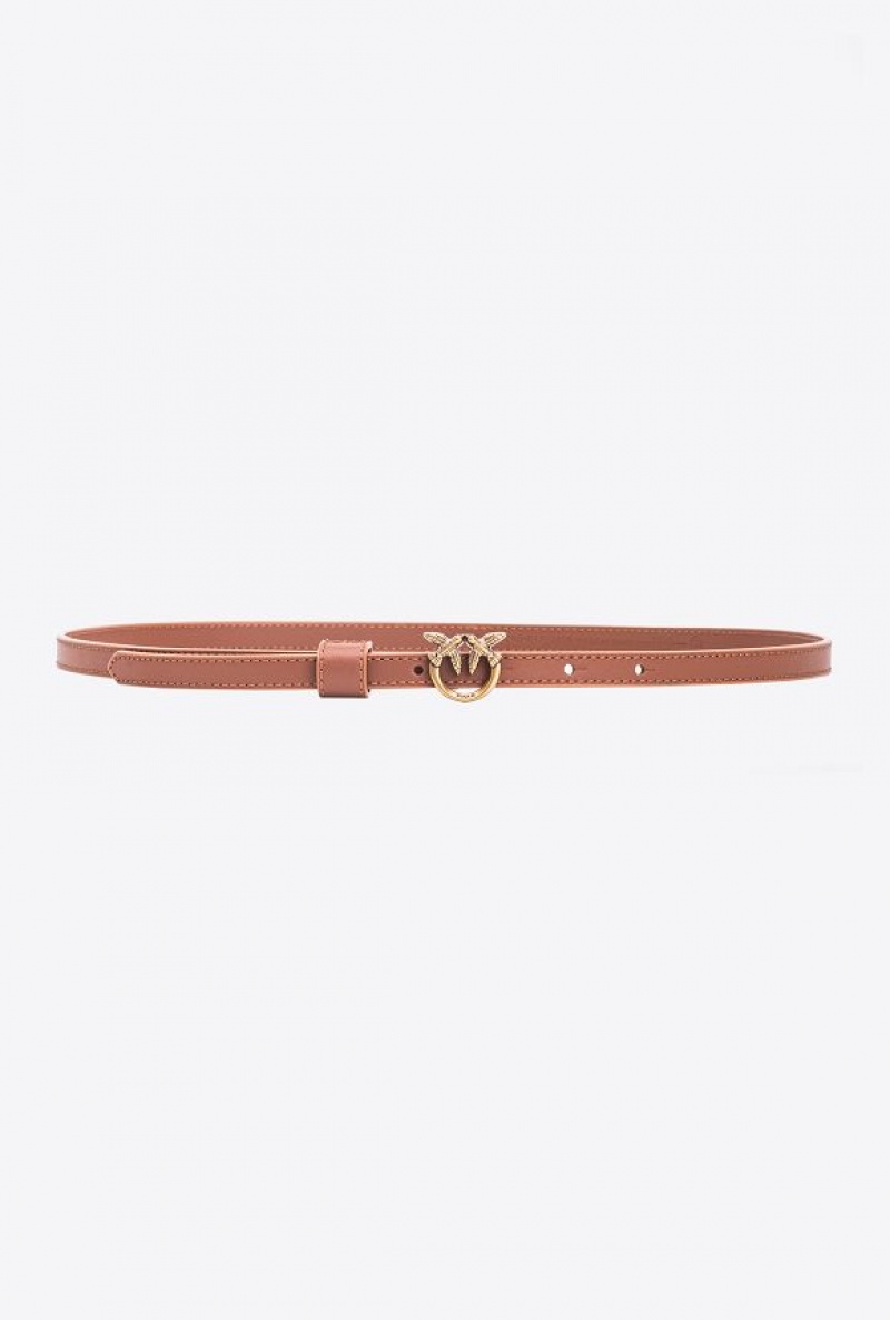 Pinko Thin Belt With Love Birds Buckle 1cm TAN ANTIQUE GOLD | SN-PKO34242