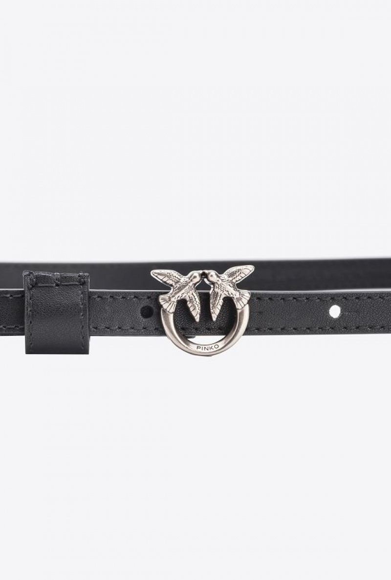 Pinko Thin Belt With Love Birds Buckle 1cm BLACK-OLD SILVER | SN-PKO34250