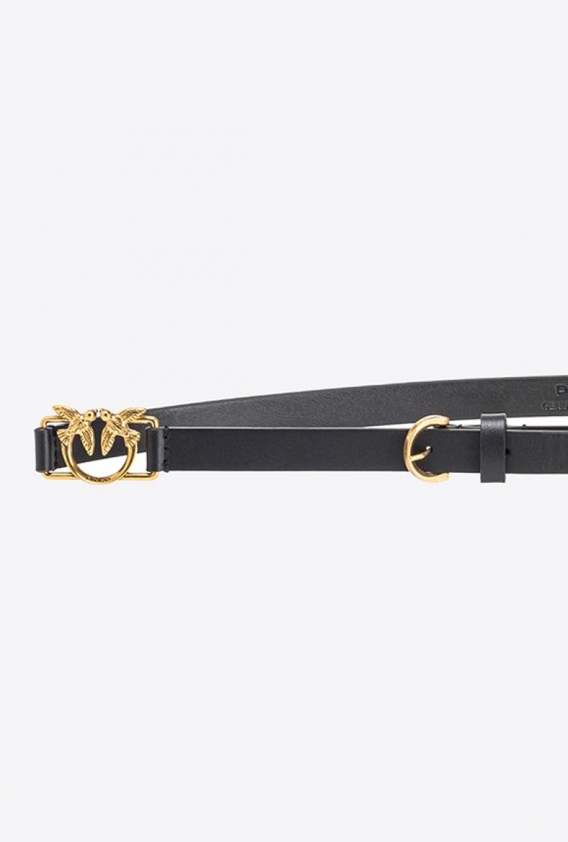 Pinko Thin Belt With Mini Love Birds Buckles 1,5cm BLACK-ANTIQUE GOLD | SN-PKO34218