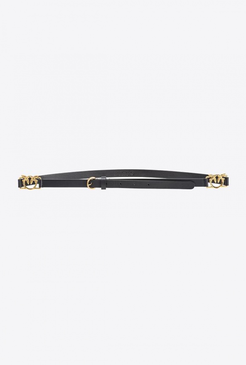 Pinko Thin Belt With Mini Love Birds Buckles 1,5cm BLACK-ANTIQUE GOLD | SN-PKO34218