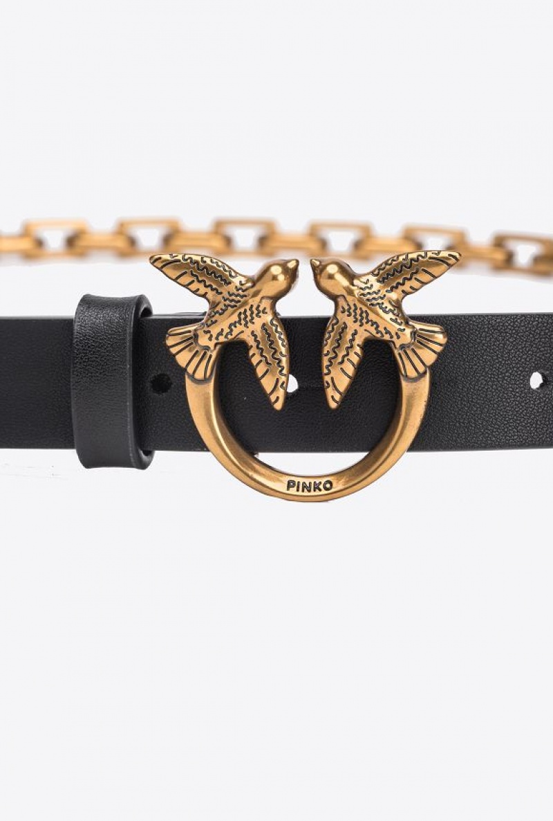 Pinko Thin Love Birds Belt With Chain 2cm BLACK-ANTIQUE GOLD | SN-PKO34183