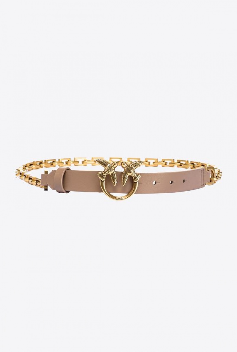 Pinko Thin Love Birds Belt With Chain 2cm GINGER BISCUIT-ANTIQUE GOLD | SN-PKO34203